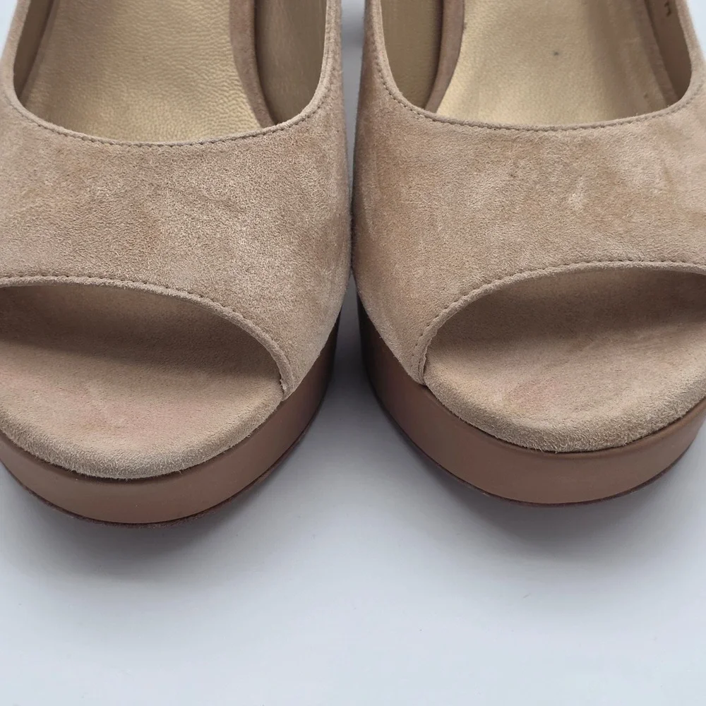Stuart Weitzman Slingshot Block Heels Women 10 Tan Suede Platform‎ Wedding Guest